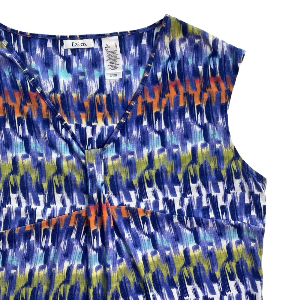 Liz & Co Pleat Front T-Shirt Top V-neck Colorful Artsy Tee Tank Blouse Size L